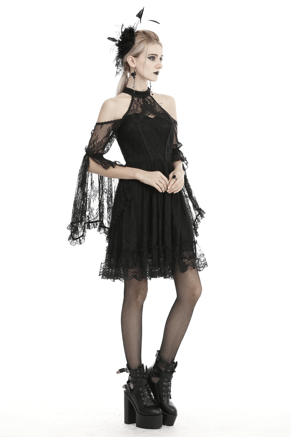 Black lace gothic cold shoulder dress showing cold shoulder neckline and choker detail