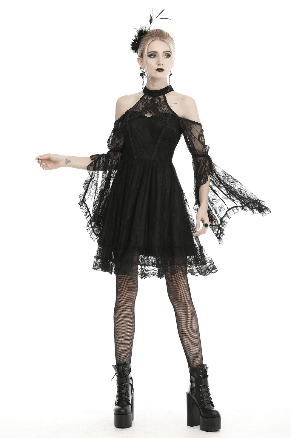 Black lace cold shoulder gothic dress alternate angle showing bell sleeve drape