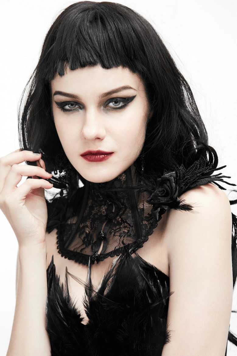 Gothic black lace neck collar showing complete design with roses, feathers, and intricate lace work