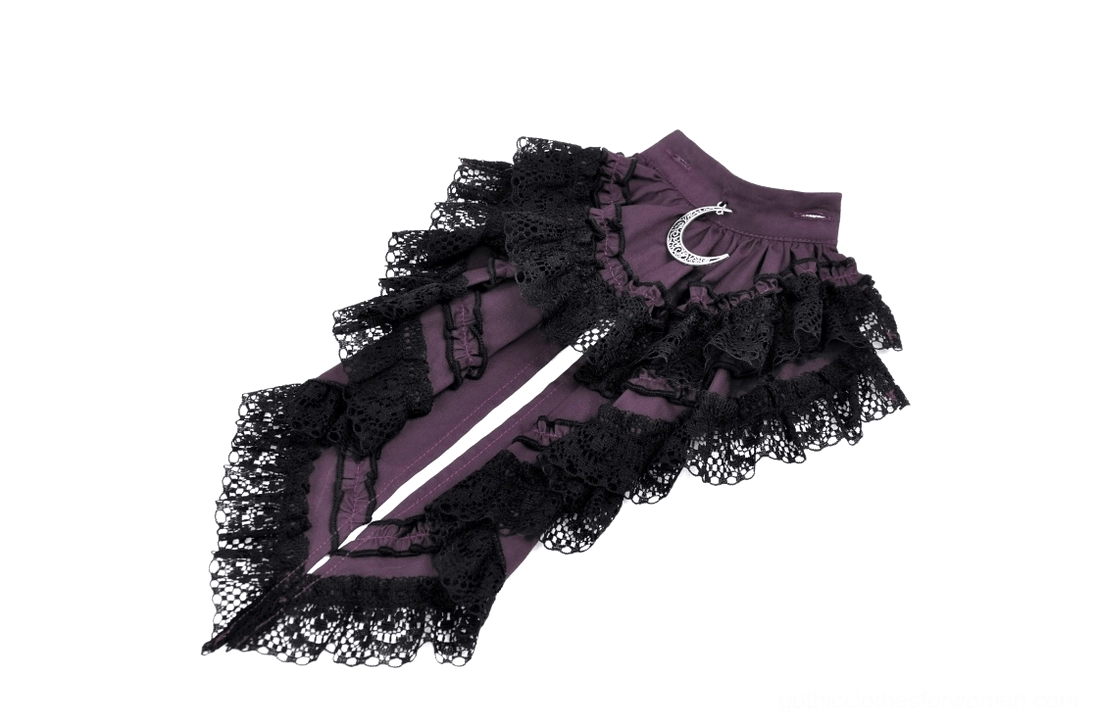 Flat lay detail of detachable black lace collar piece with crescent brooch and button slot for gothic blouse