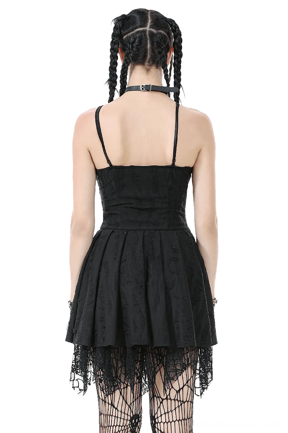 Black gothic lace corset mini dress back view showing pleated skirt and spaghetti straps with fishnet stockings