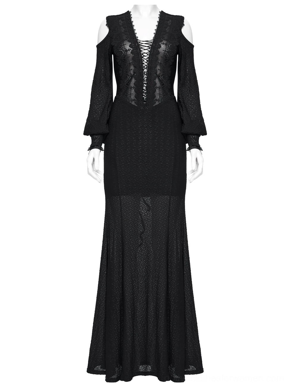 Black gothic cold shoulder lace corset maxi dress - fitted bodice and mesh skirt front view