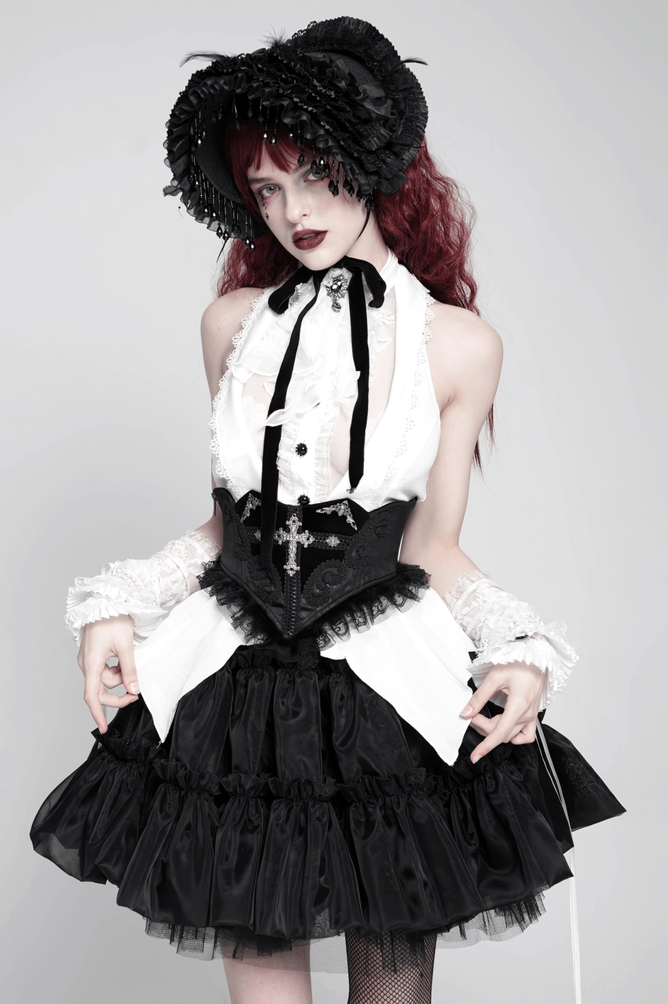 Gothic lace corset belt waist cincher full product view on white background showcasing ornate cross motif, delicate lace, and structured silhouette