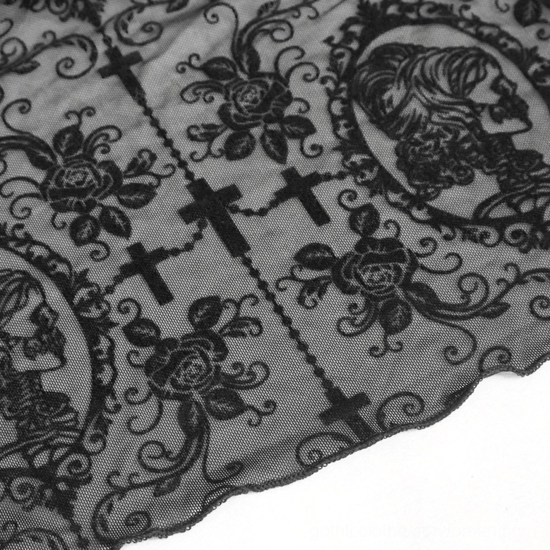 Black gothic lace crop top with drawstring feature, styled with dark alternative fashion aesthetic