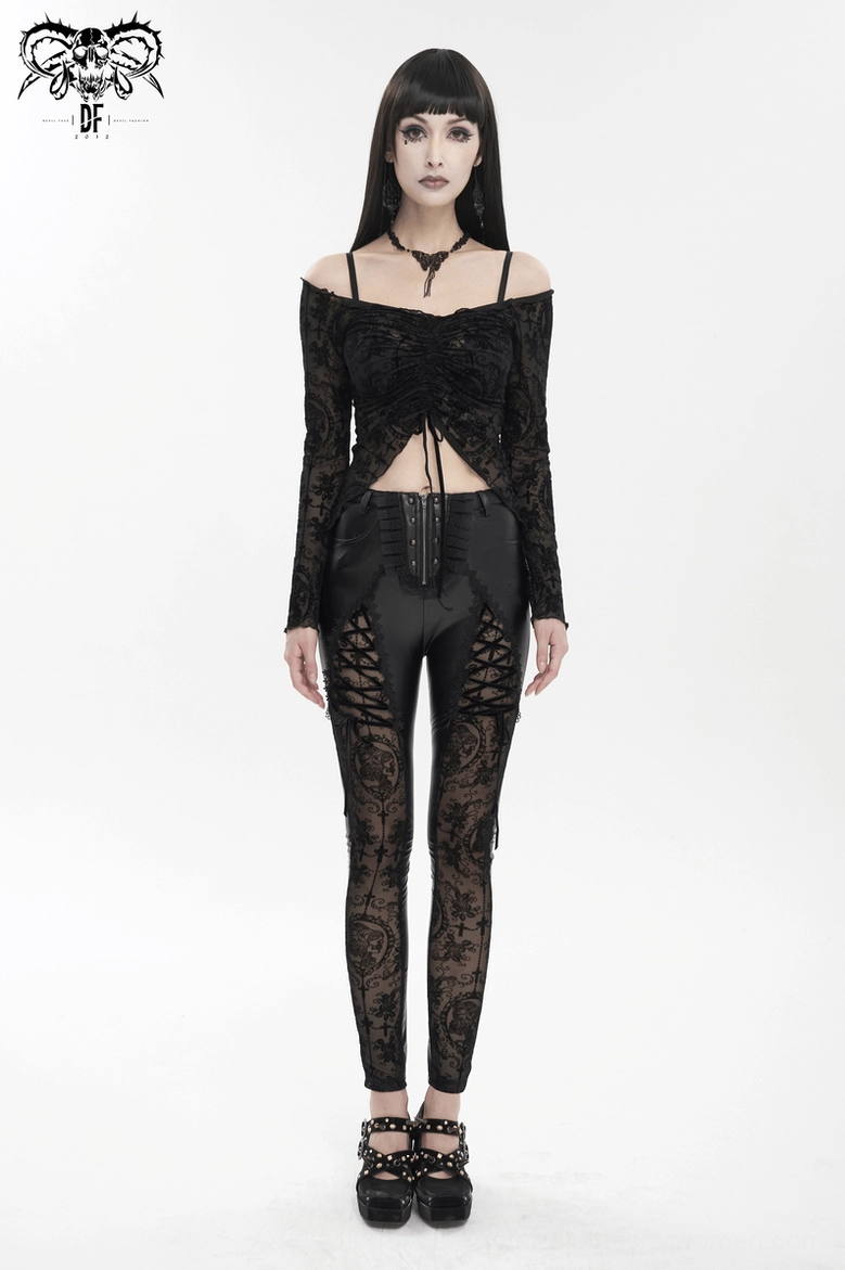 Close-up detail of black gothic lace crop top, intricate sheer embroidered pattern with front drawstring