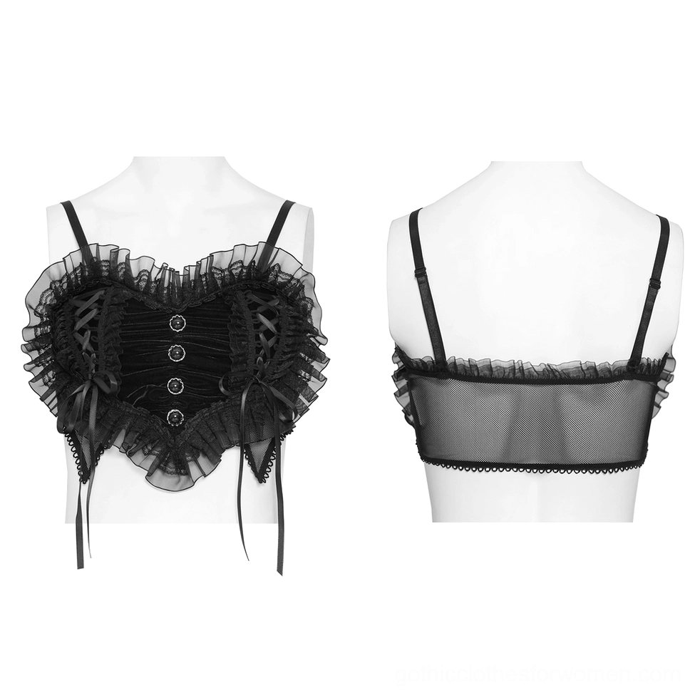 Black gothic lace crop top front and back dual view on mannequin displaying lace-up sides, jewel button details, and layered ruffles