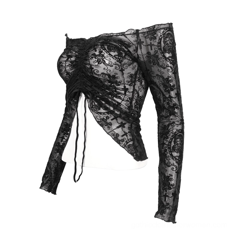 Side view flat lay of black gothic off-shoulder crop top, sheer lace with irregular cropped hem