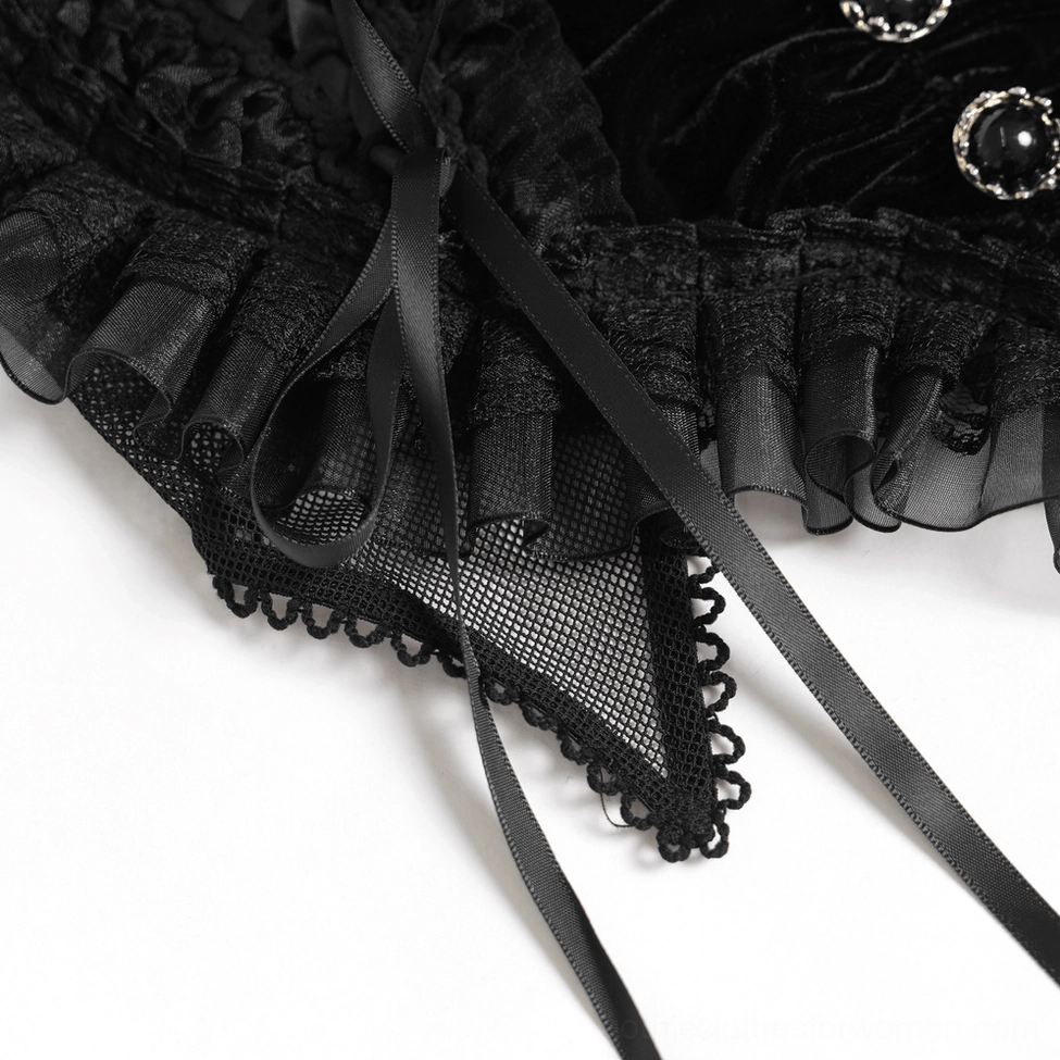 Gothic black lace crop top side profile view demonstrating fitted silhouette and lace-up detail adjustability