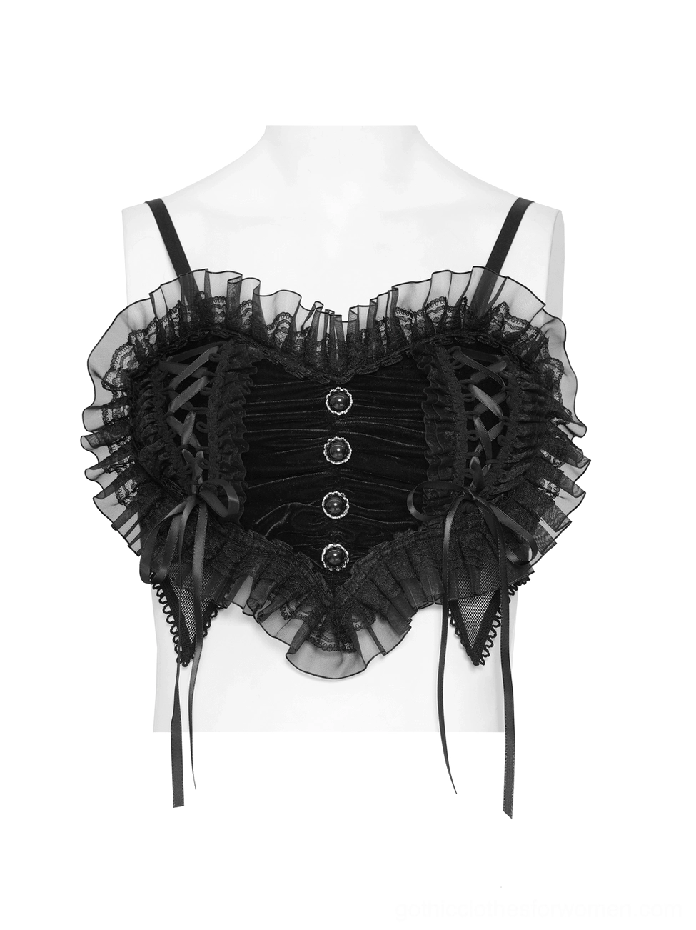 Black gothic crop top on mannequin displaying spaghetti straps, ruffle trim edges, and structured lace construction