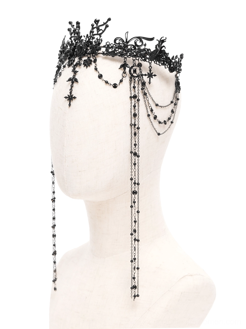 Gothic black lace crown headpiece from three-quarter side angle showing ornate crown structure and beaded chains