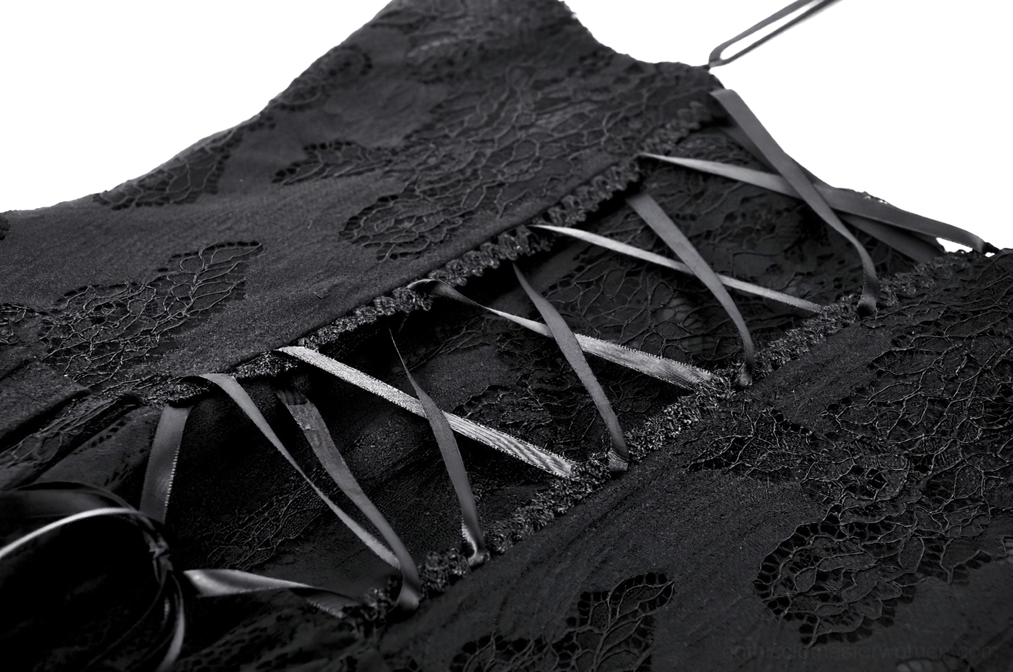 Detail shot of gothic dress back strap adjustable ribbon lacing with precision stitching