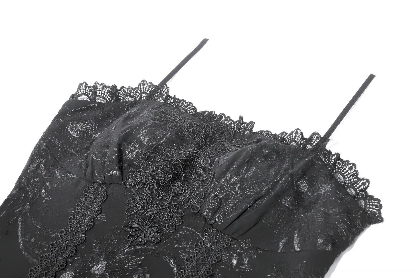 Black gothic lace dress with alternative fashion styling, paired with gothic accessories and jewelry