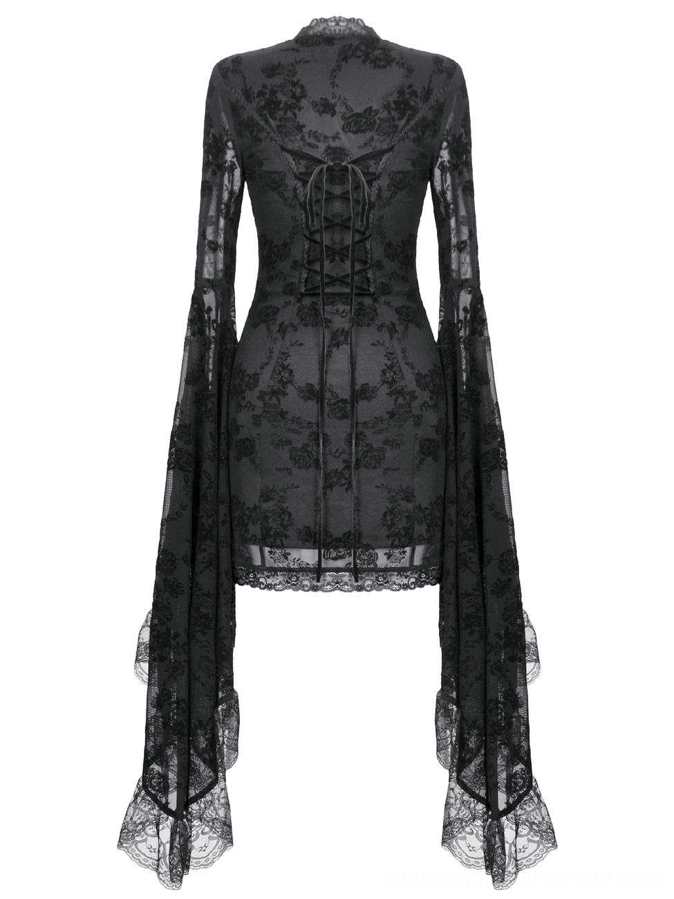 Black gothic lace dress back flat lay showing lace-up corset closure and floral overlay