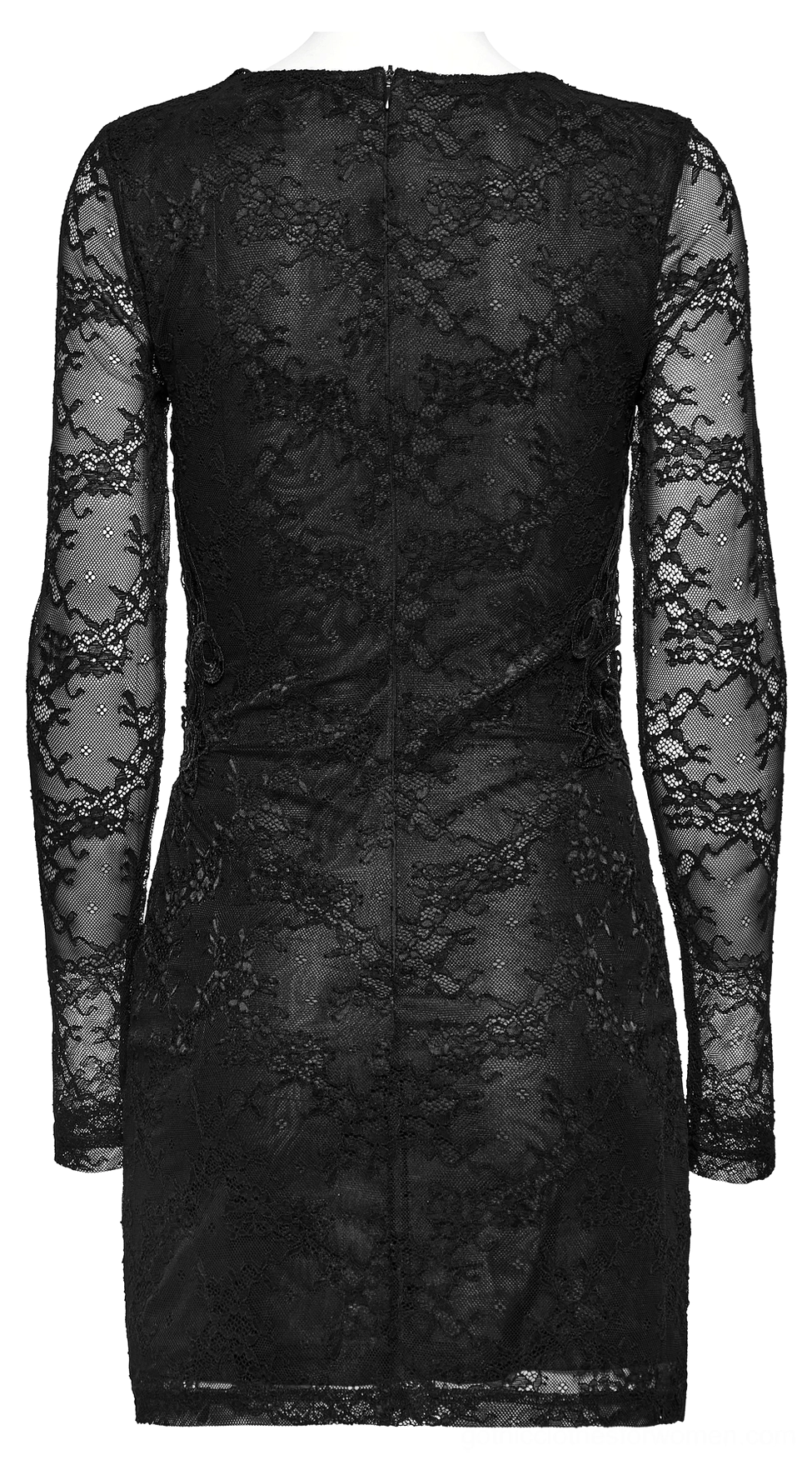 Back flat display of black gothic lace dress showing hidden zipper and seamless lace back
