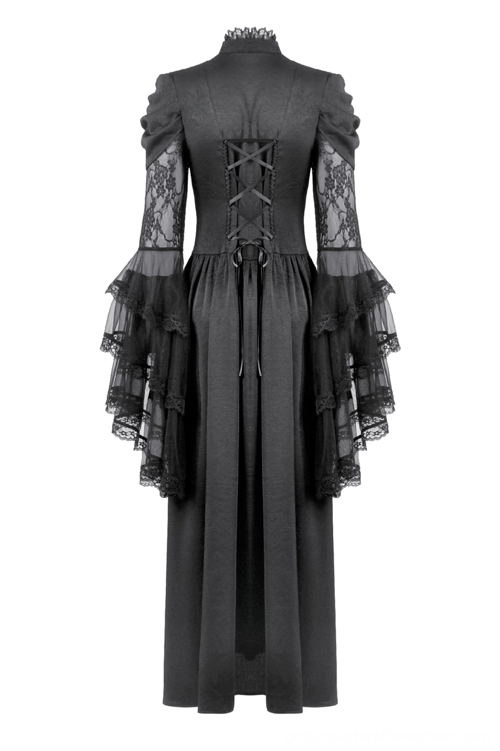 Back view flat lay of black gothic lace dress featuring lace-up corset back, structured shoulders, and lace-trimmed bell sleeves