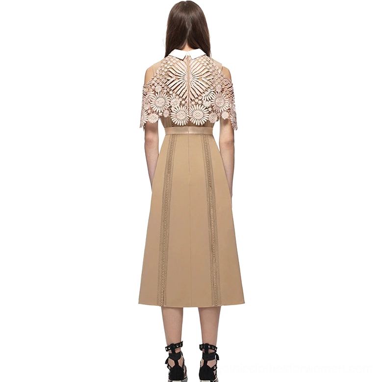 Beige gothic lace midi dress rear view showing back lace design and ankle-length silhouette