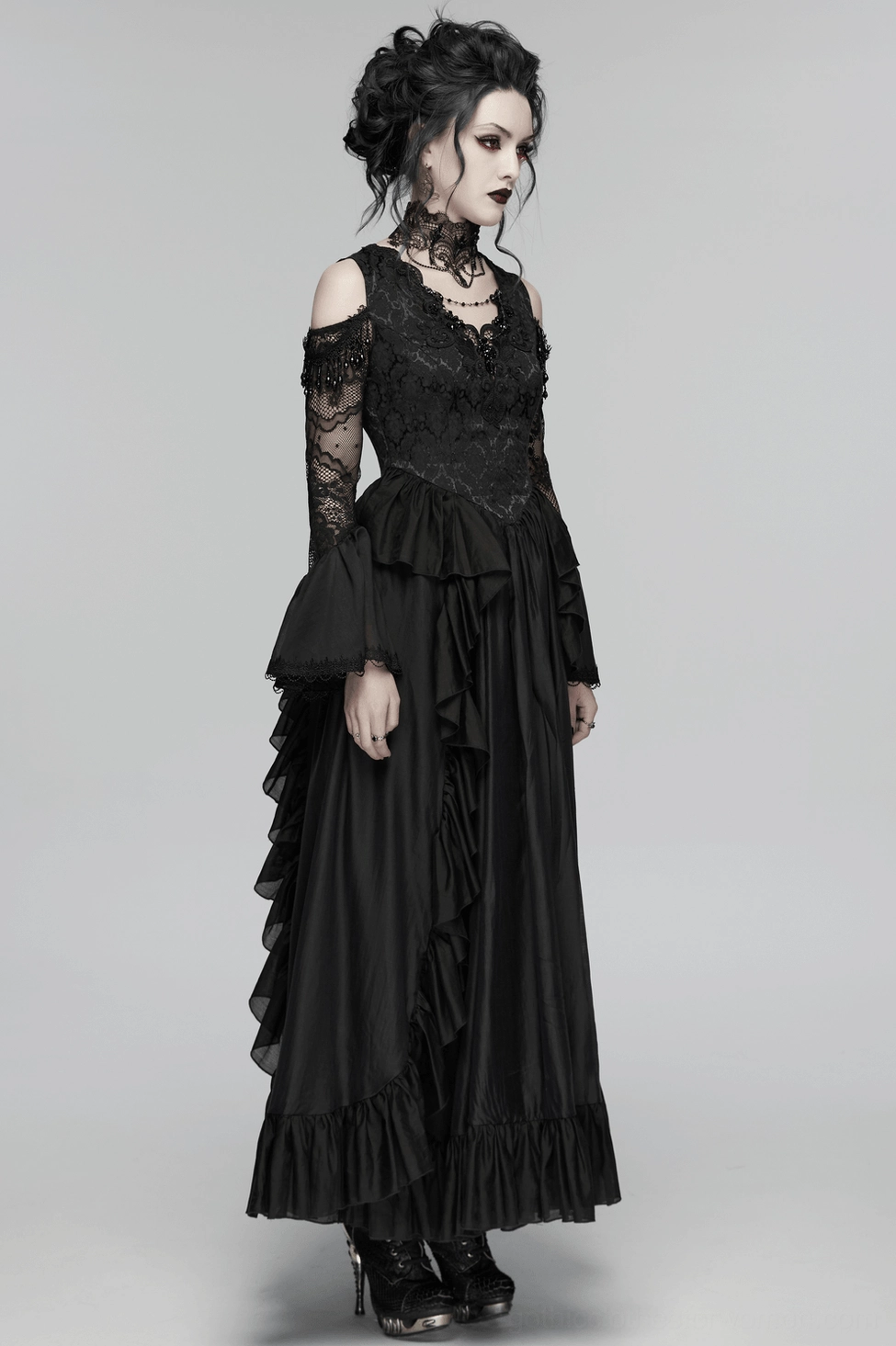 Black gothic lace maxi dress model wear detail shot, showing crystal pendant necklace, collar lace frame, bodice beading, and neckline design