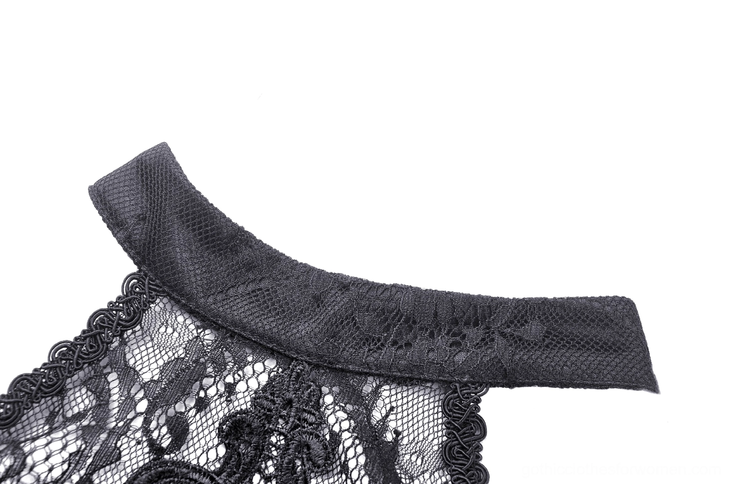 Black lace gothic dress choker neckline and shoulder detail showing construction quality