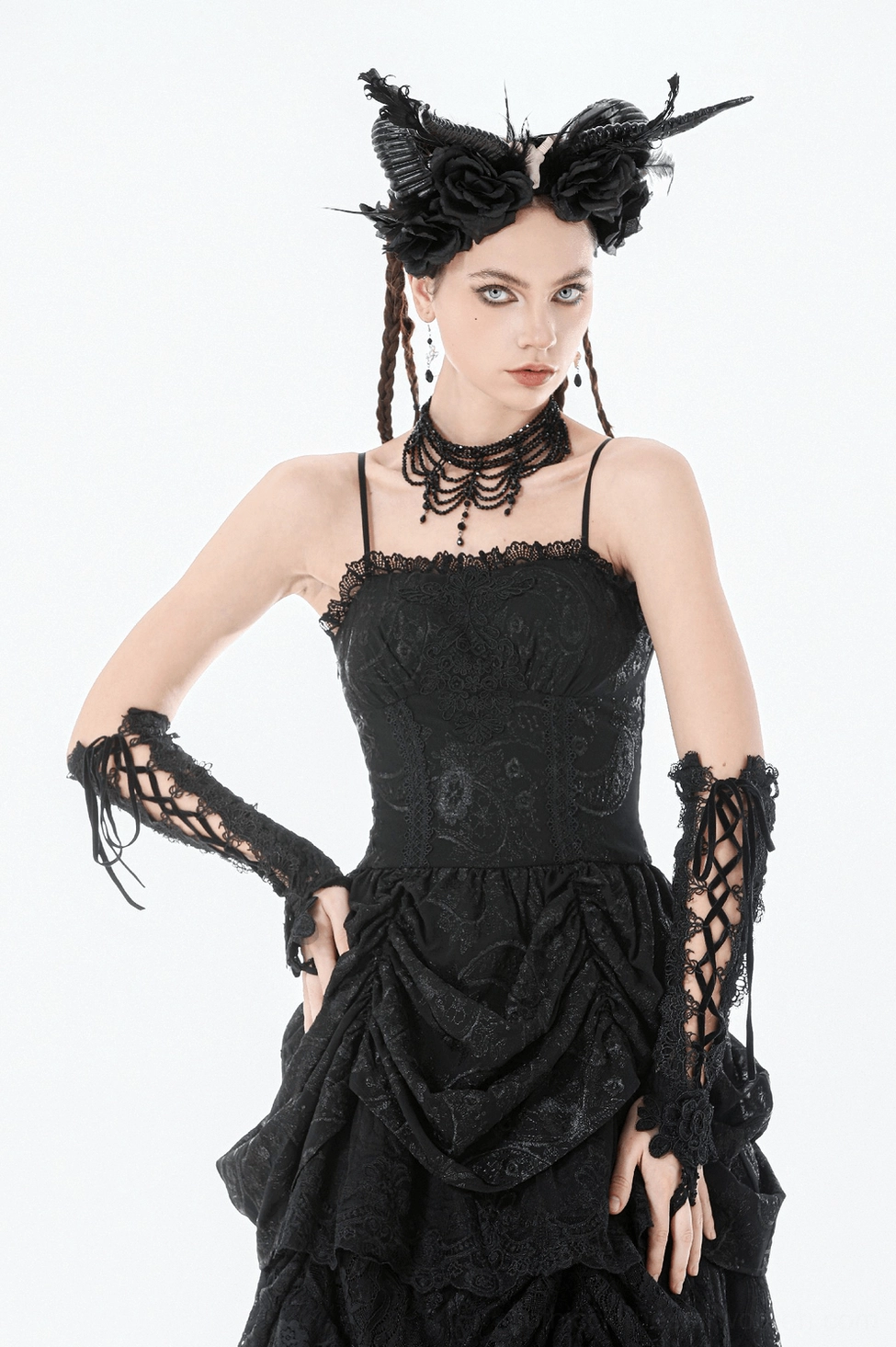 Close-up front shot of black gothic lace camisole dress with lace gloves and chunky choker styling