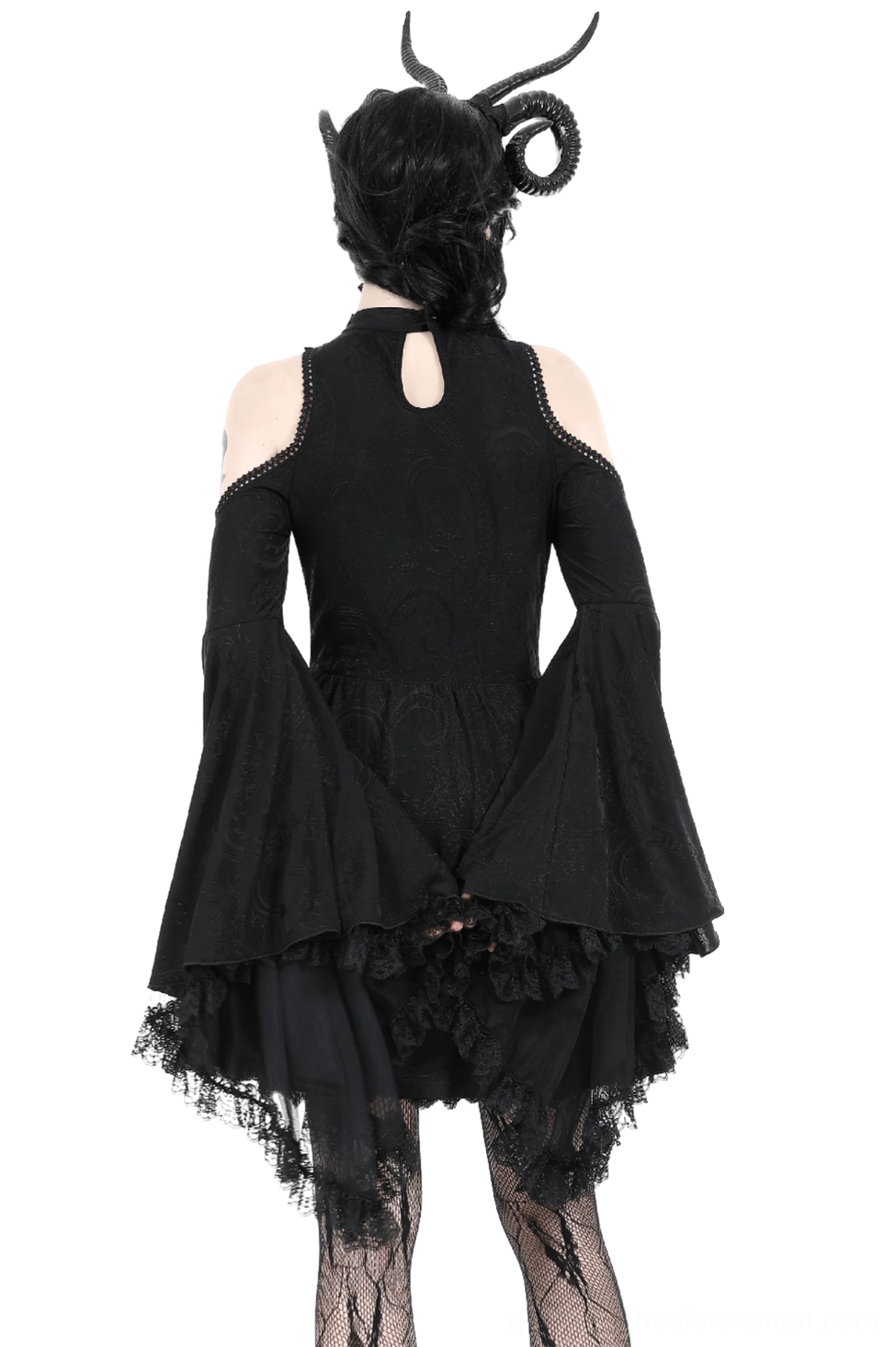 Gothic cold shoulder lace dress with keyhole back design - rear view on model