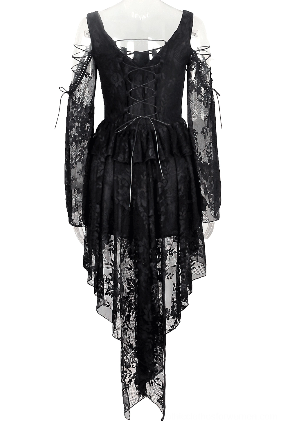Gothic off-shoulder lace dress flat lay showing lace-up corset back detail and high-low hem