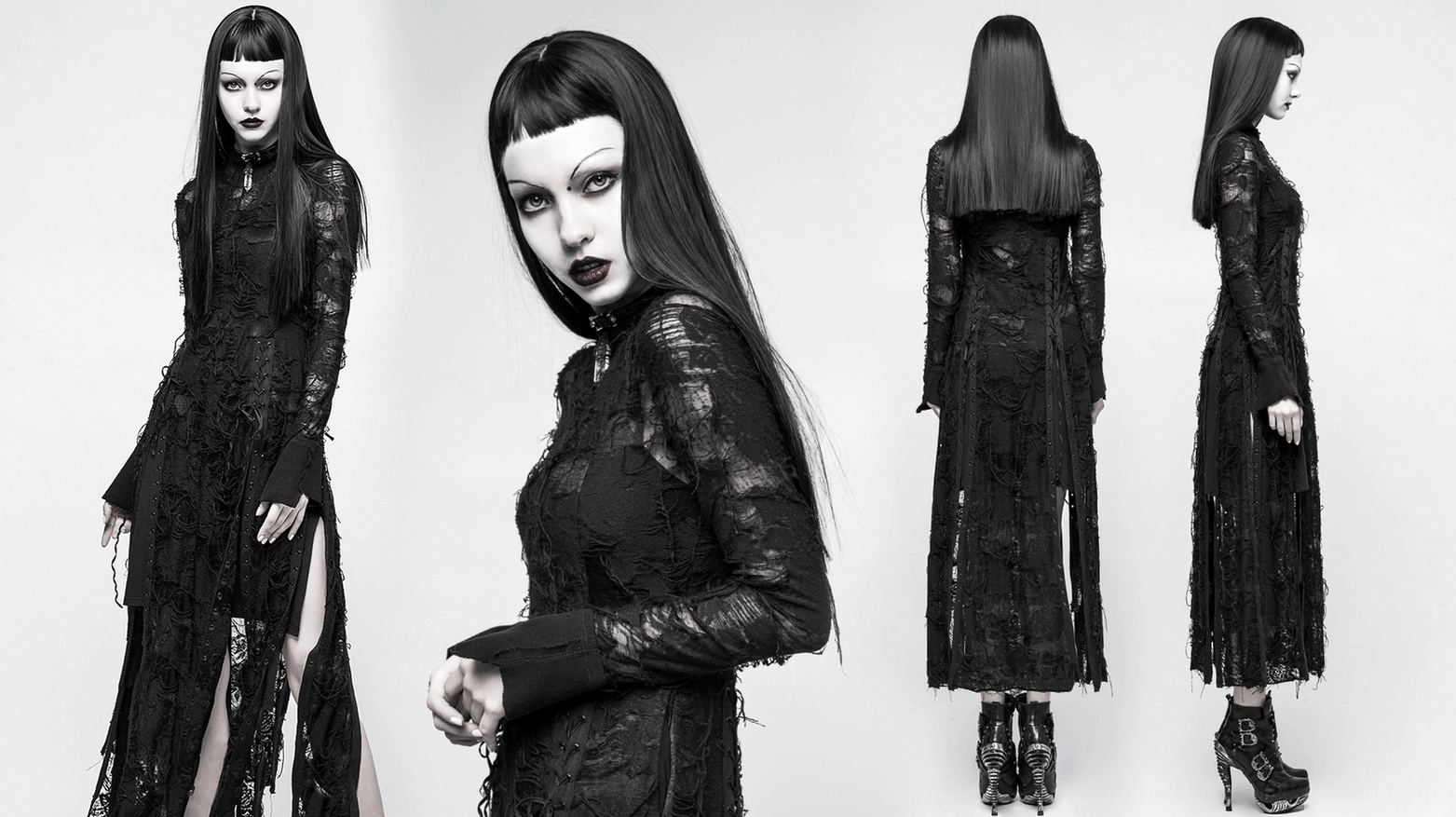 Black gothic lace maxi dress detail shot highlighting transparency, frayed edges, and construction quality