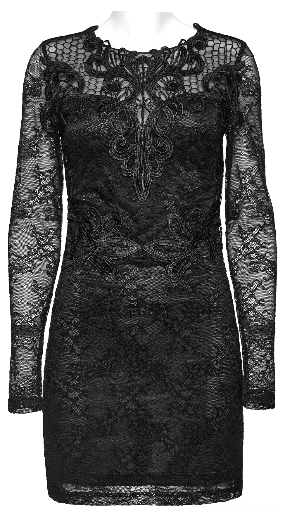 Front flat display of black gothic lace dress with intricate chest embroidery and all-over floral lace