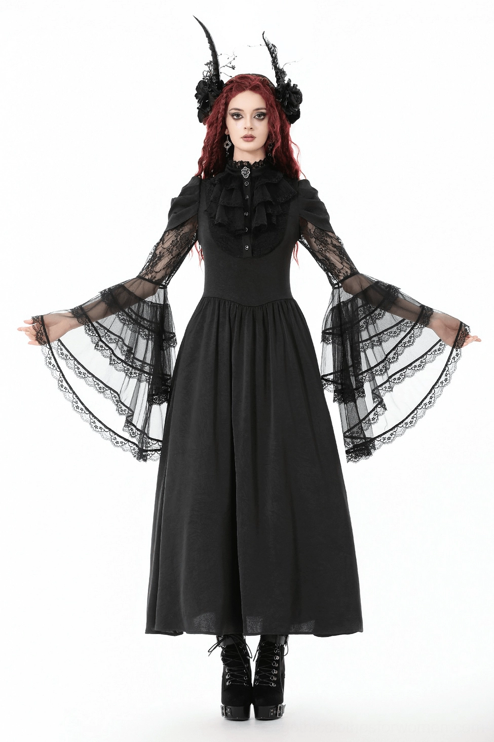 Black gothic lace bell-sleeve dress on model showing refined silhouette with fitted bodice and A-line floor-length skirt