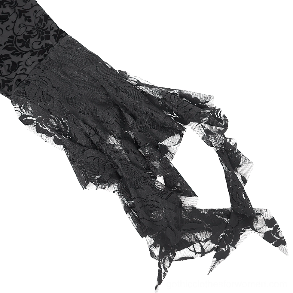 Black gothic lace dress showing fitted silhouette with flared lace sleeves and intricate design elements