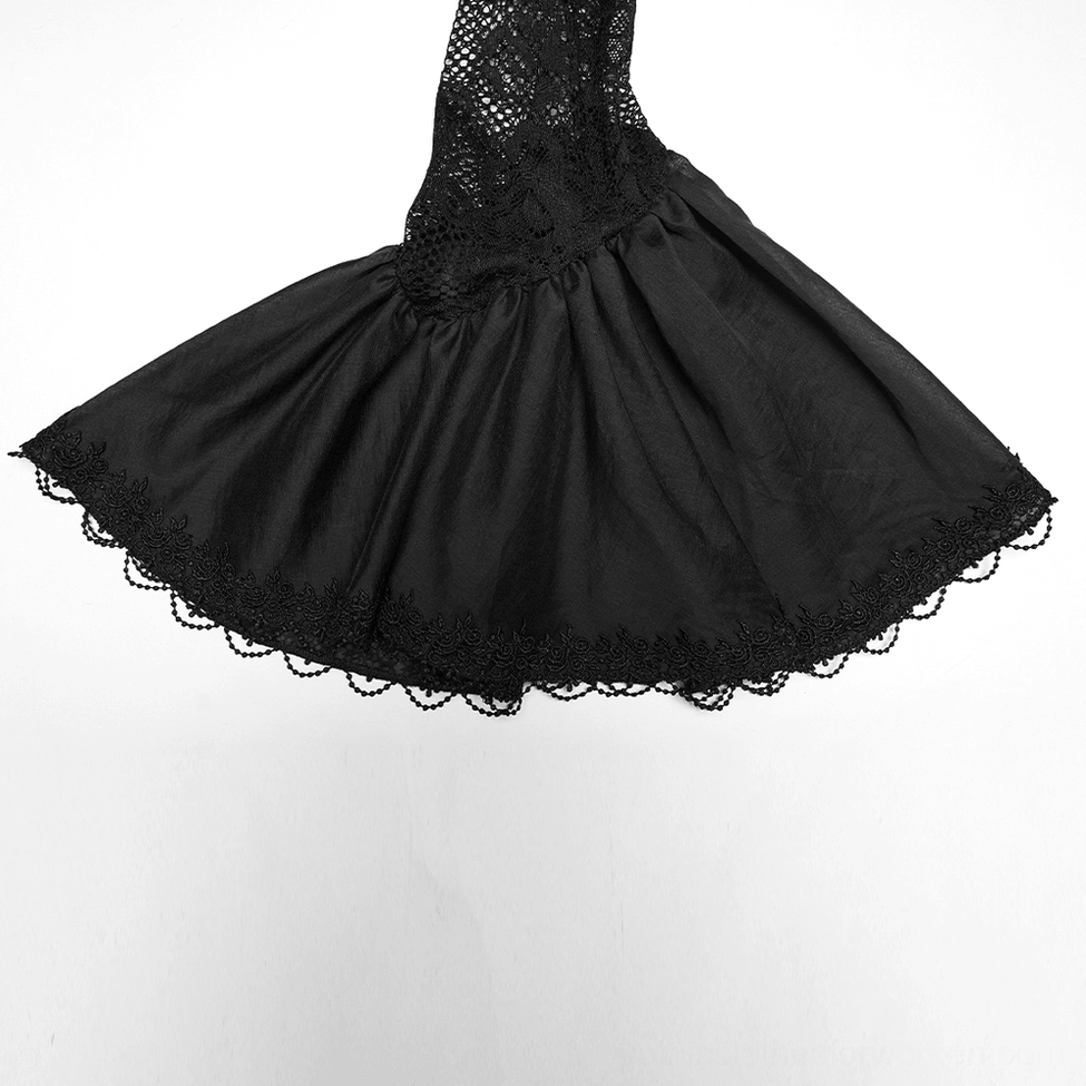 Black gothic lace maxi dress sleeve detail, displaying retro flared cuff design, sheer lace overlay, bell-shaped sleeve cut, and layered construction