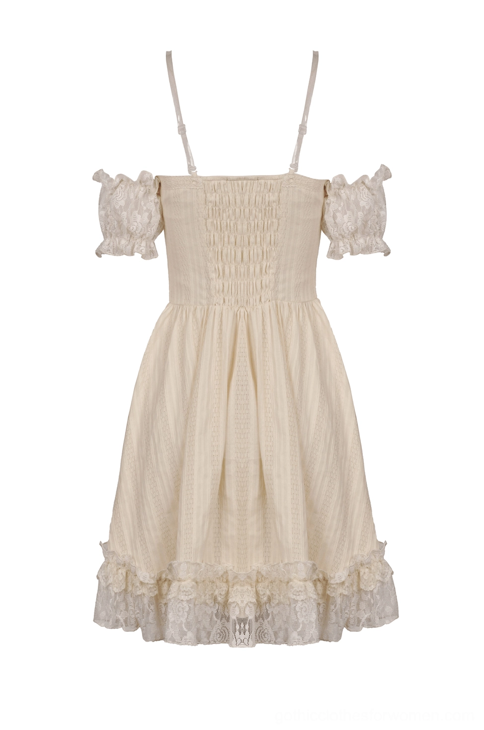 Off-shoulder gothic lace dress - flat lay back view displaying shirred bodice and decorative lace-trimmed hem layers