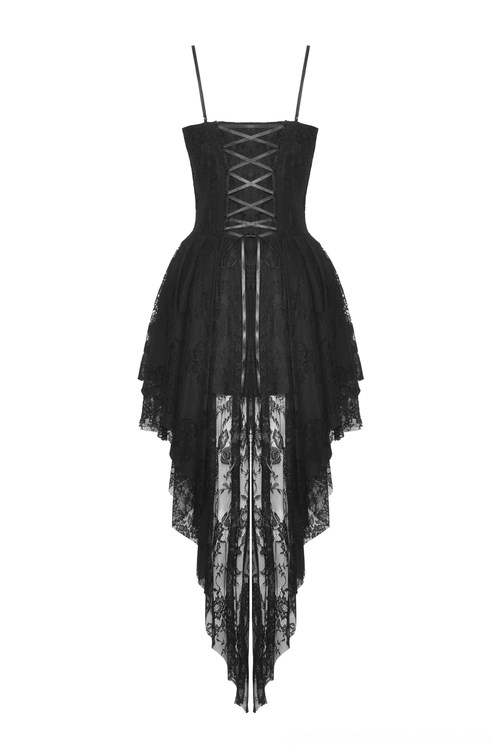 Rear flat lay of gothic lace dress showcasing corset-style bodice and lace-up back closure with sheer overlay