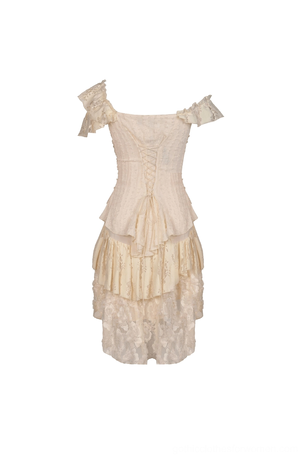 Gothic lace dress flat lay back view showing lace-up corset closure and layered ruffled skirt construction
