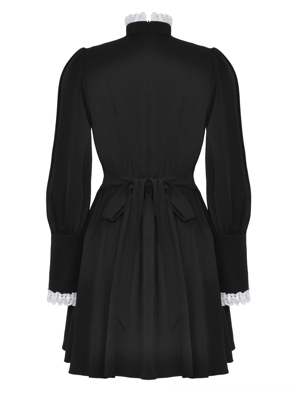Back flat lay of black and white gothic dress - waist tie sash, pleated back skirt, and lace-trimmed cuff details