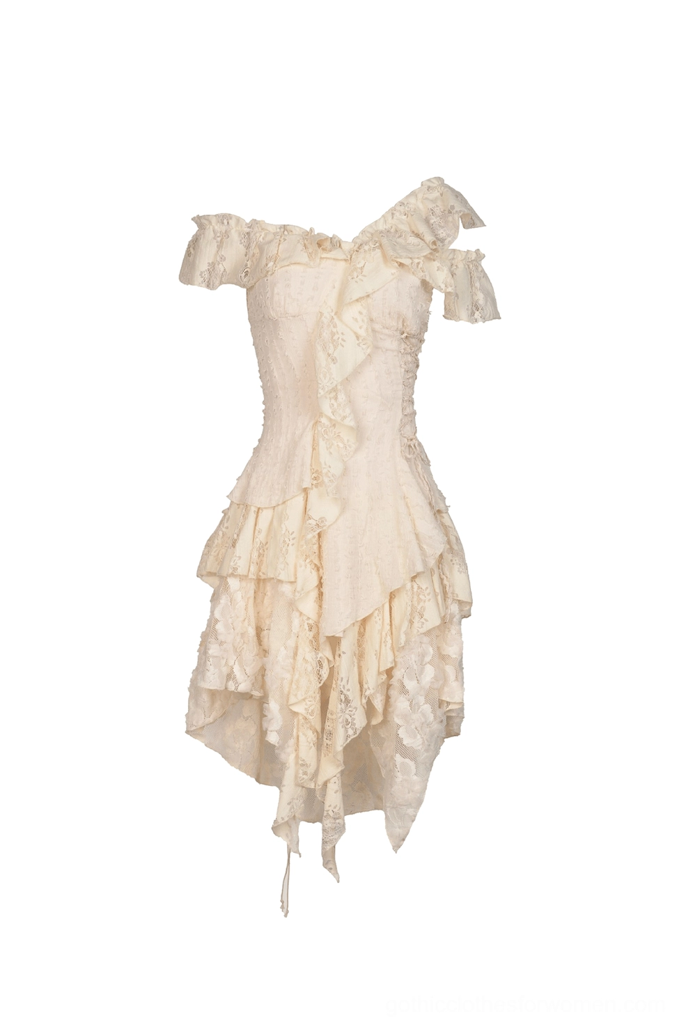 Cream lace gothic dress flat lay front view with asymmetric hemline and structured off-shoulder ruffles