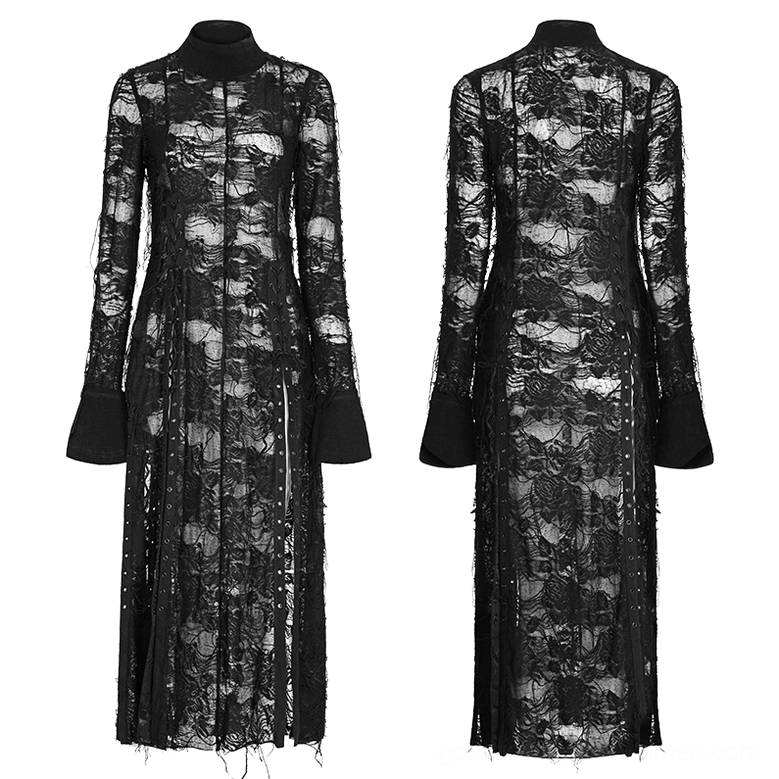 Black gothic lace dress flat lay front and back display on mannequin showing stand collar and distressed fabric texture