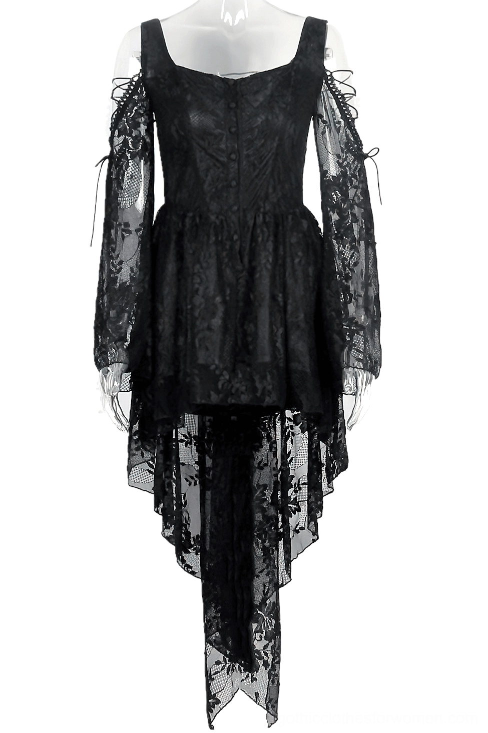 Gothic lace dress flat lay front view showing floral lace fabric and corset-style top on mannequin