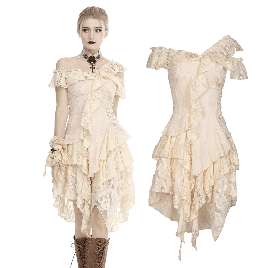 Off-shoulder gothic lace dress flat lay and on-model front view showing asymmetric ruffled hem alternative style