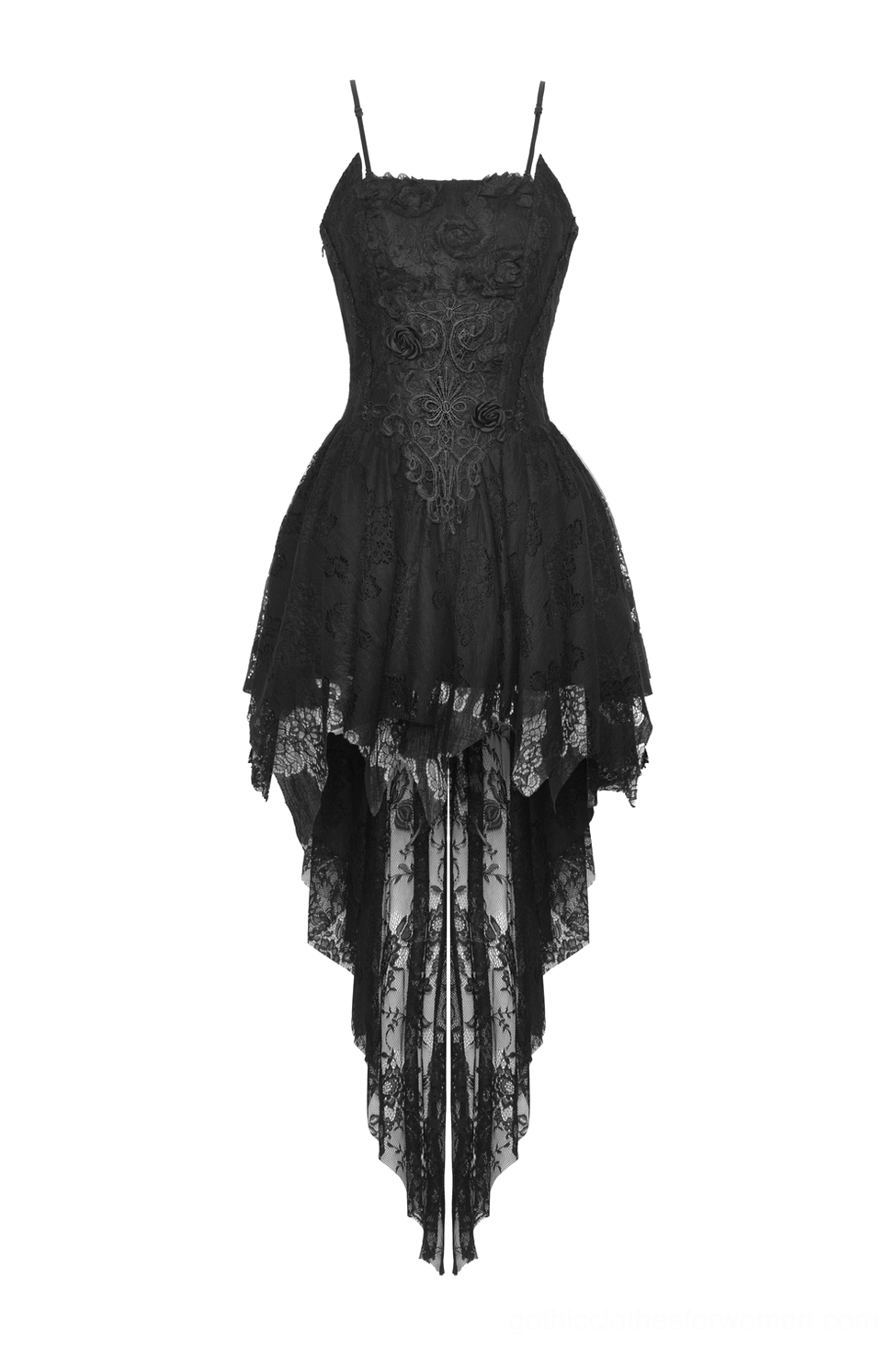 Front flat lay of black gothic lace high-low dress showing spaghetti straps and asymmetrical hemline detail