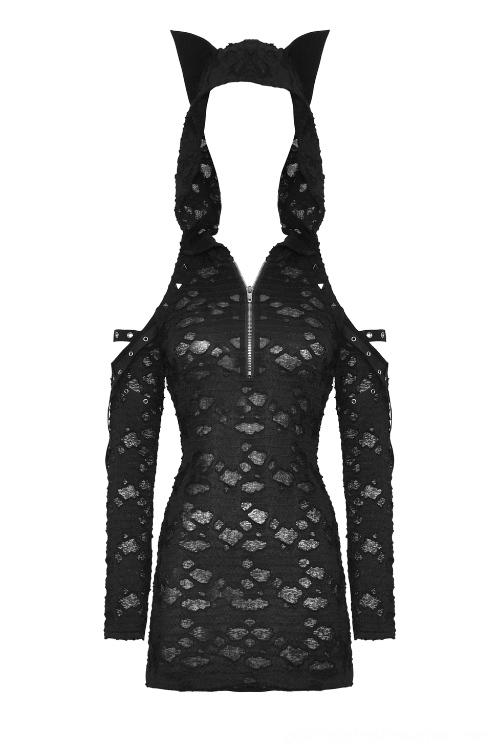 Flat lay front view of black lace gothic cat ear hooded dress showing half front zipper and cold-shoulder sleeves