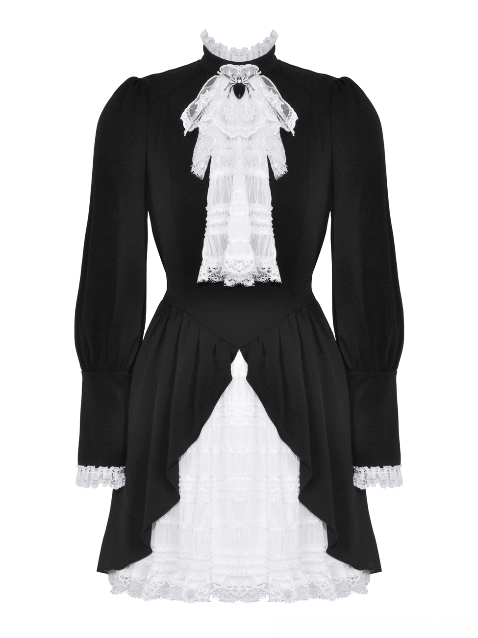 Flat lay front view of gothic lolita black and white dress - showing lace jabot, stand collar, and ruffled skirt construction