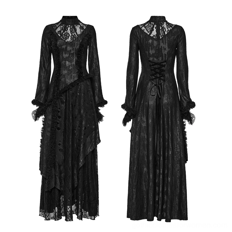 Flat lay comparison of gothic lace dress - front and back product view showing complete silhouette and corset detailing