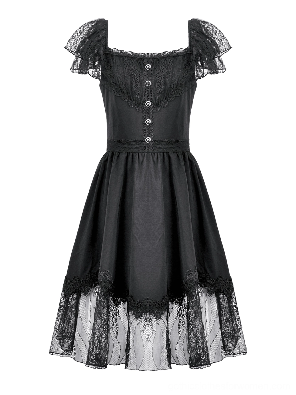 Black gothic lace dress flat lay front view with fitted waist and ruffled lace sleeves on white background
