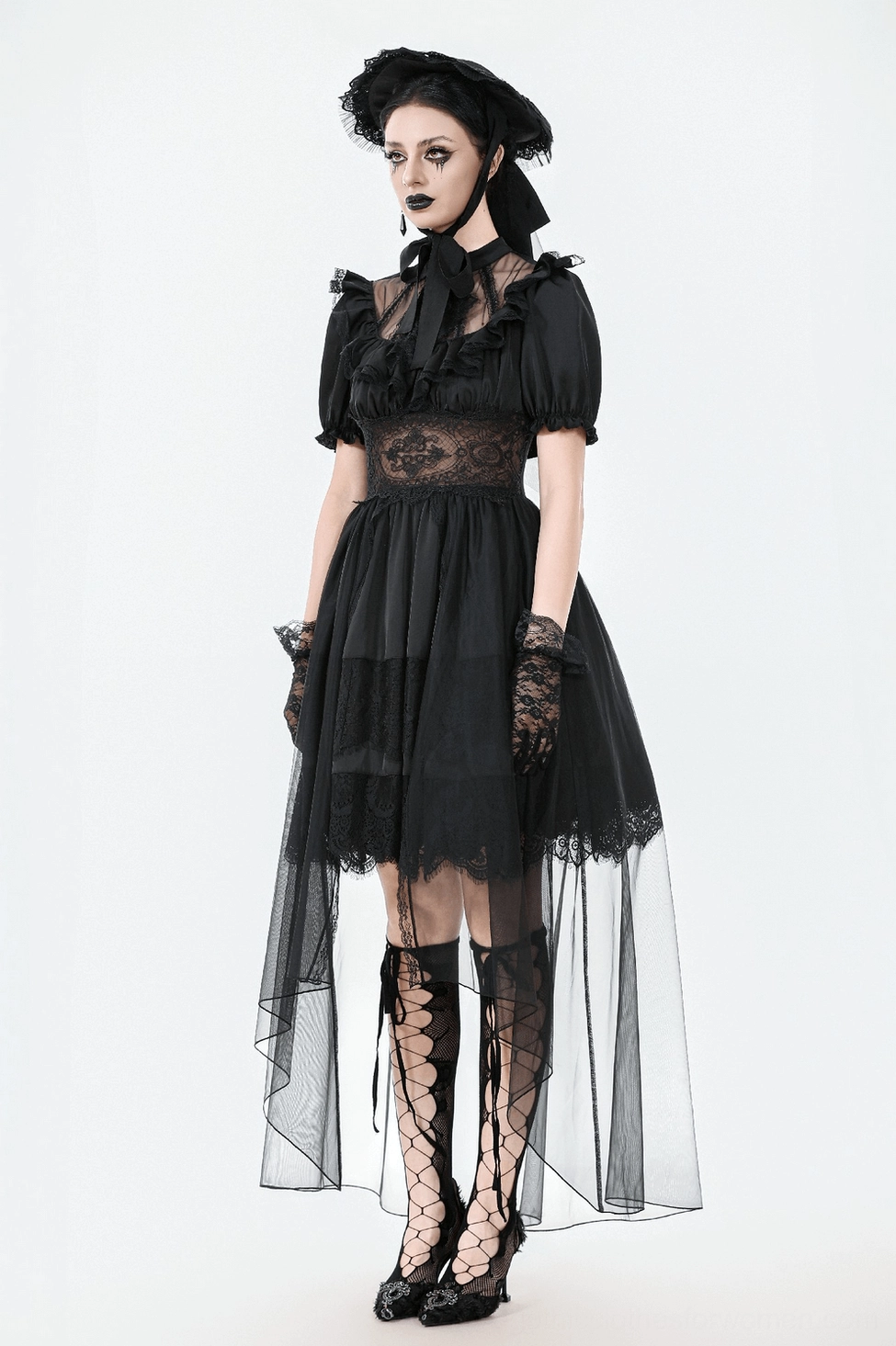 Victorian gothic dress full-body front presentation sheer tulle skirt