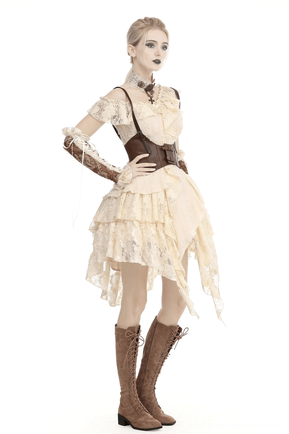 Full-length gothic lace dress worn on model displaying off-shoulder cut and asymmetric ruffled skirt design
