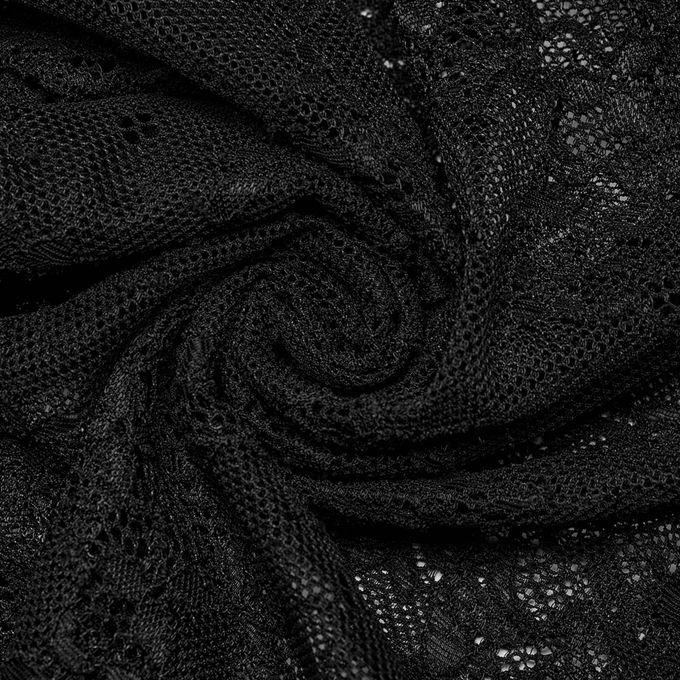 Full length side view of black gothic lace bodycon dress with embroidered detail and sheer sleeves