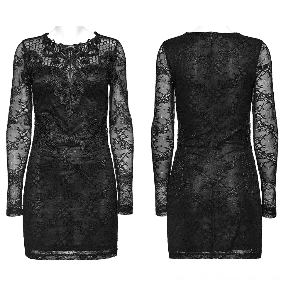 Black gothic lace dress on display mannequin front and back combined view with embroidered bodice