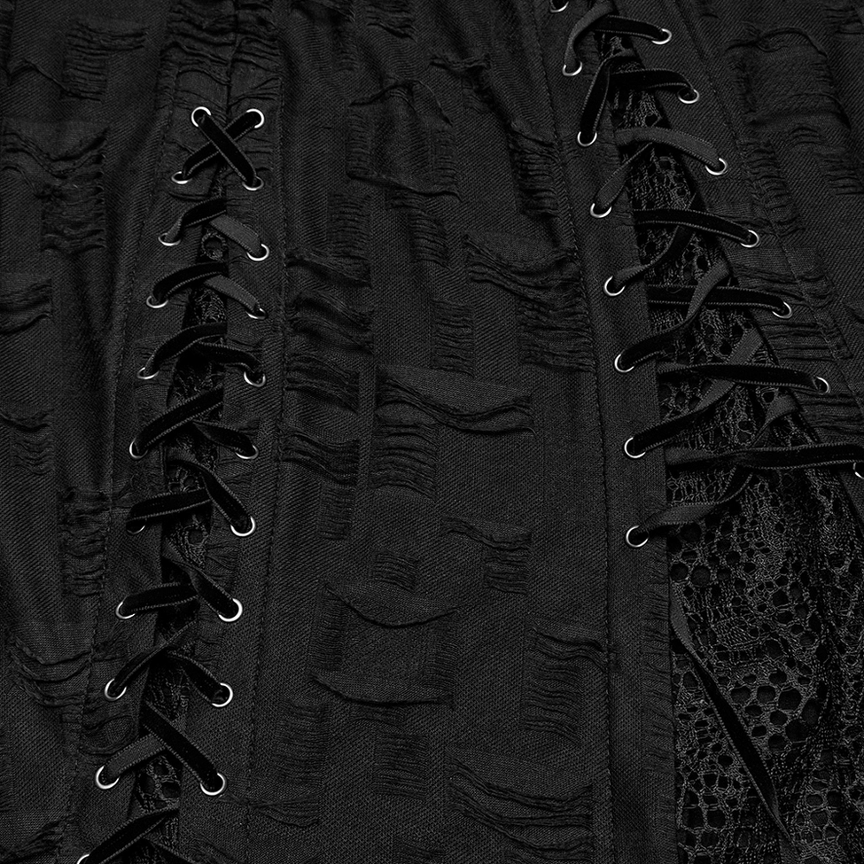 Black asymmetric gothic lace dress detail shot of mesh and lace layering construction