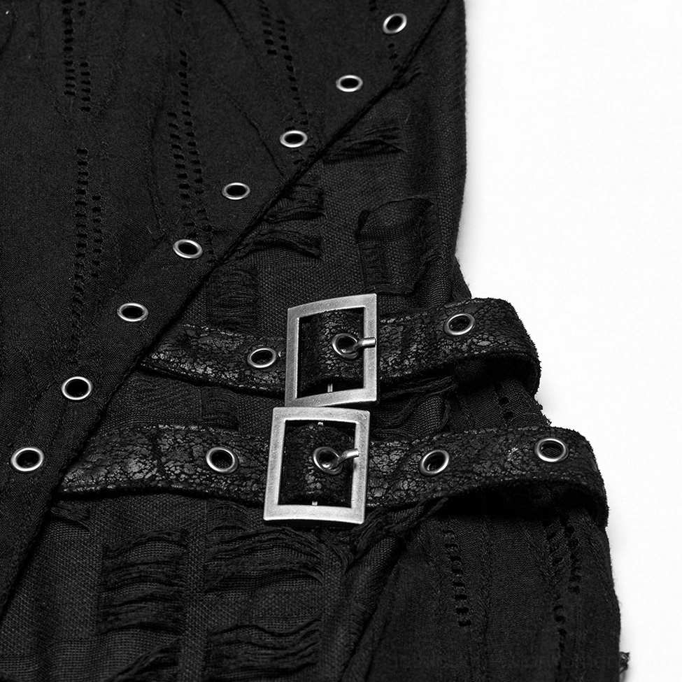 Close-up detail of metal eyelets, buckle straps and distressed fabric texture on gothic lace dress