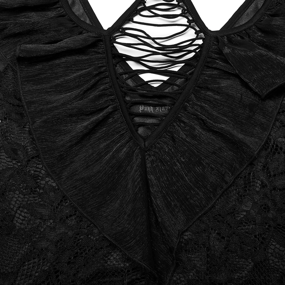Close-up of gothic black dress crisscross lace-up neckline with ruffled trim and sheer lace overlay
